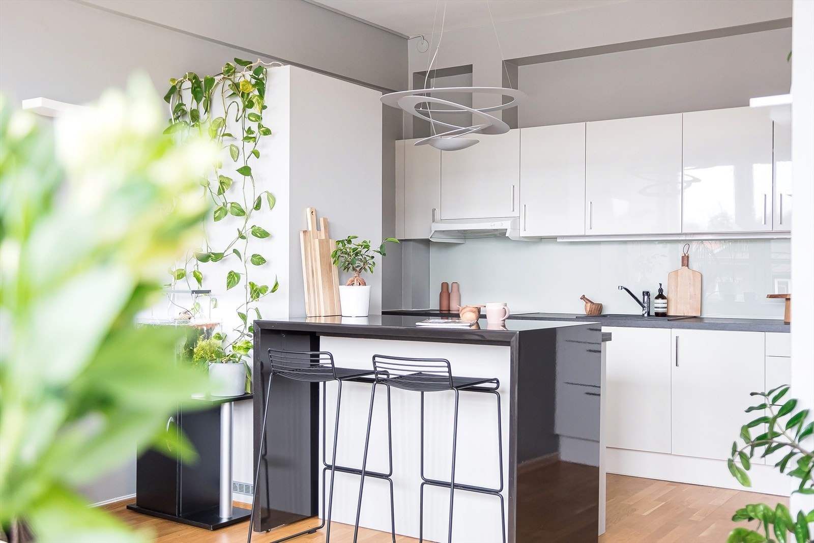 Innholdsrikt kjøkken som ligger tilbaketrukket i en egen "sone" i rommet. Galleribilde