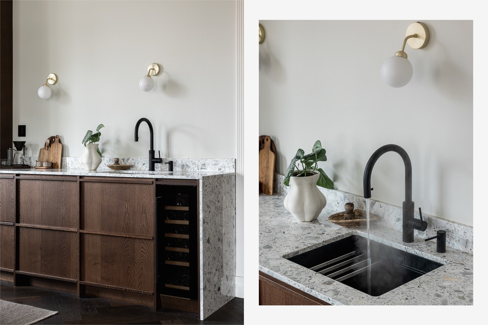 Underlimt sort vask i silgranitt og Quooker kran med varmt tappevann. Galleribilde