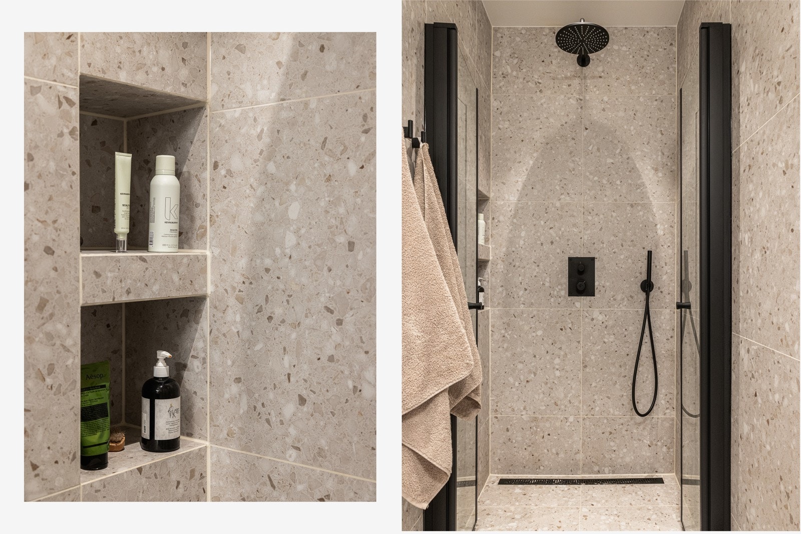 Innebygget dusjarmatur fra Tapwell og Purus design slukrist. Nisjer for oppbevaring av såper. Baderomsfliser fra Bergersen flis. Galleribilde