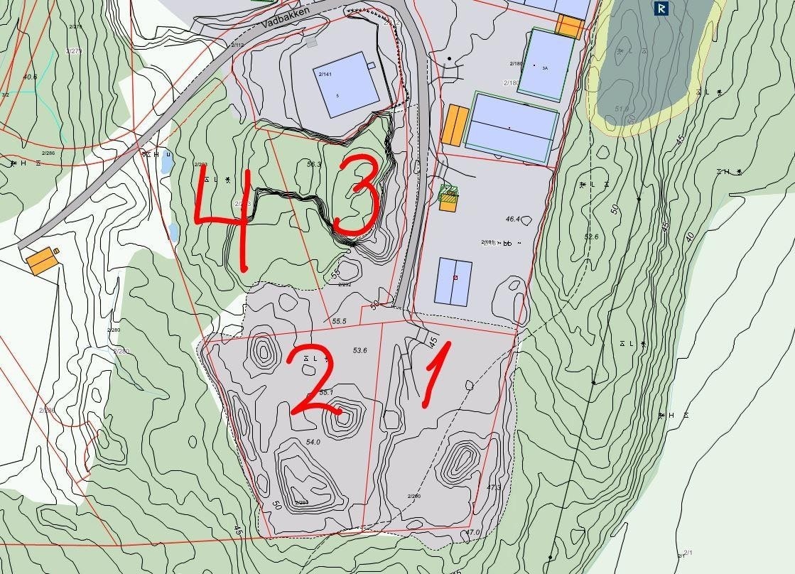 Den aktuelle tomten er merket som nr. 1. Selger eier også de andre nummererte tomtene og kan være åpen for salg av flere om det er interesse for det. Galleribilde