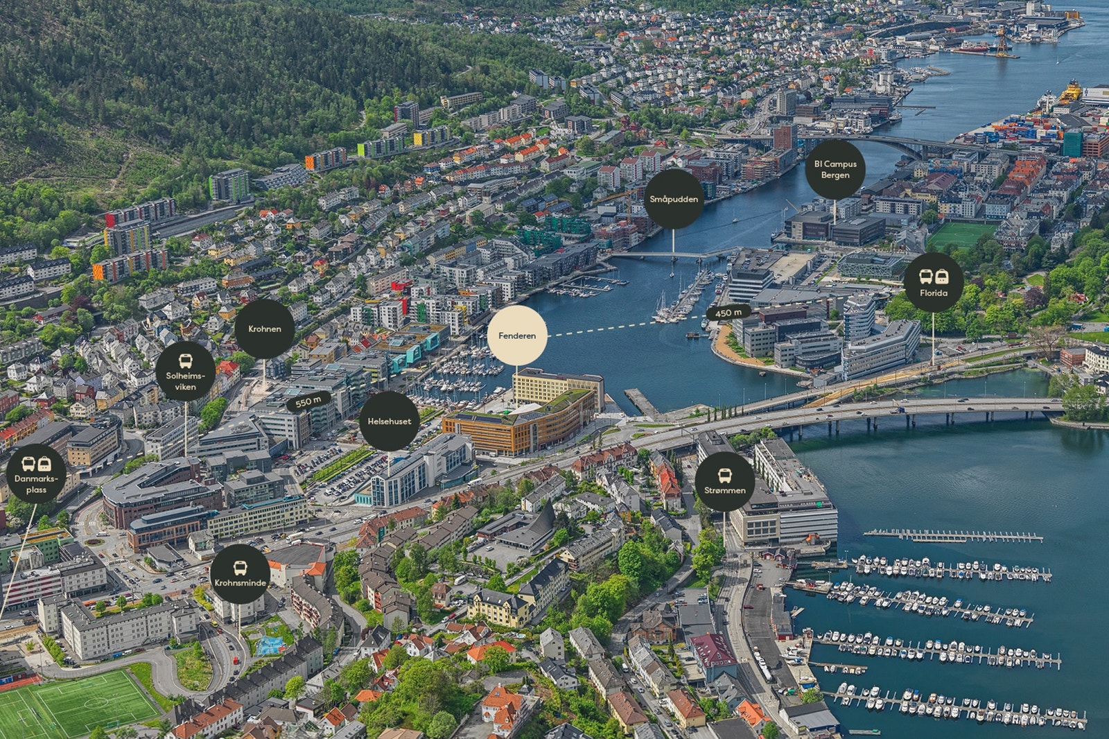 Fenderen får en svært sentral og synlig beliggenhet i hjertet av Solheimsviken. Galleribilde