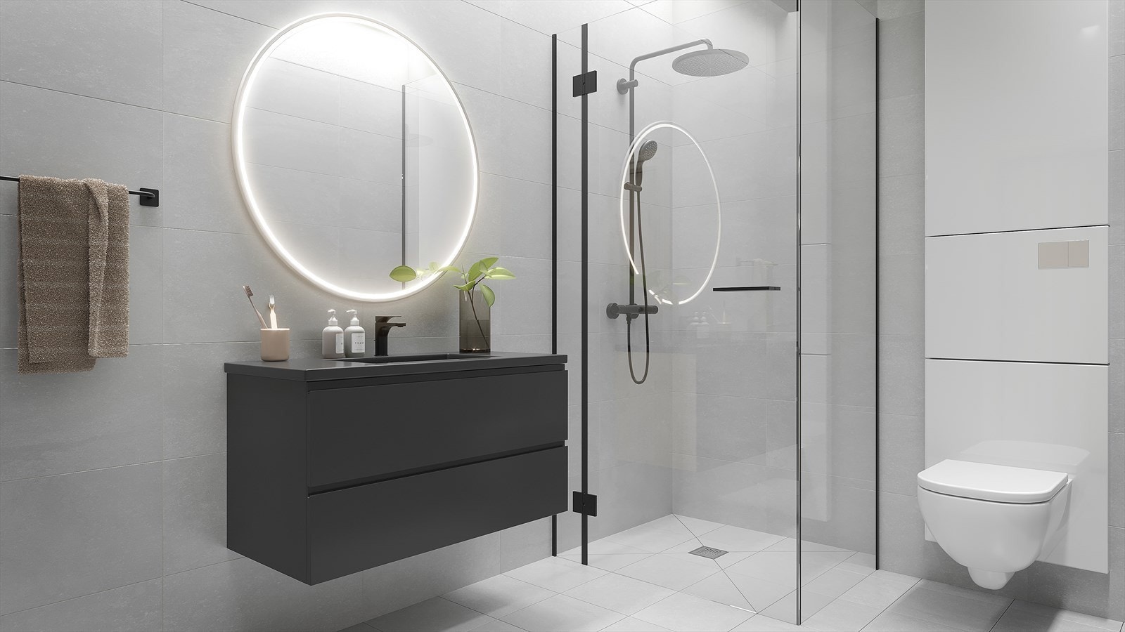 Delikat bad med dusjnisje, vegghengt toalett og slett servantskap med skuffer. Galleribilde