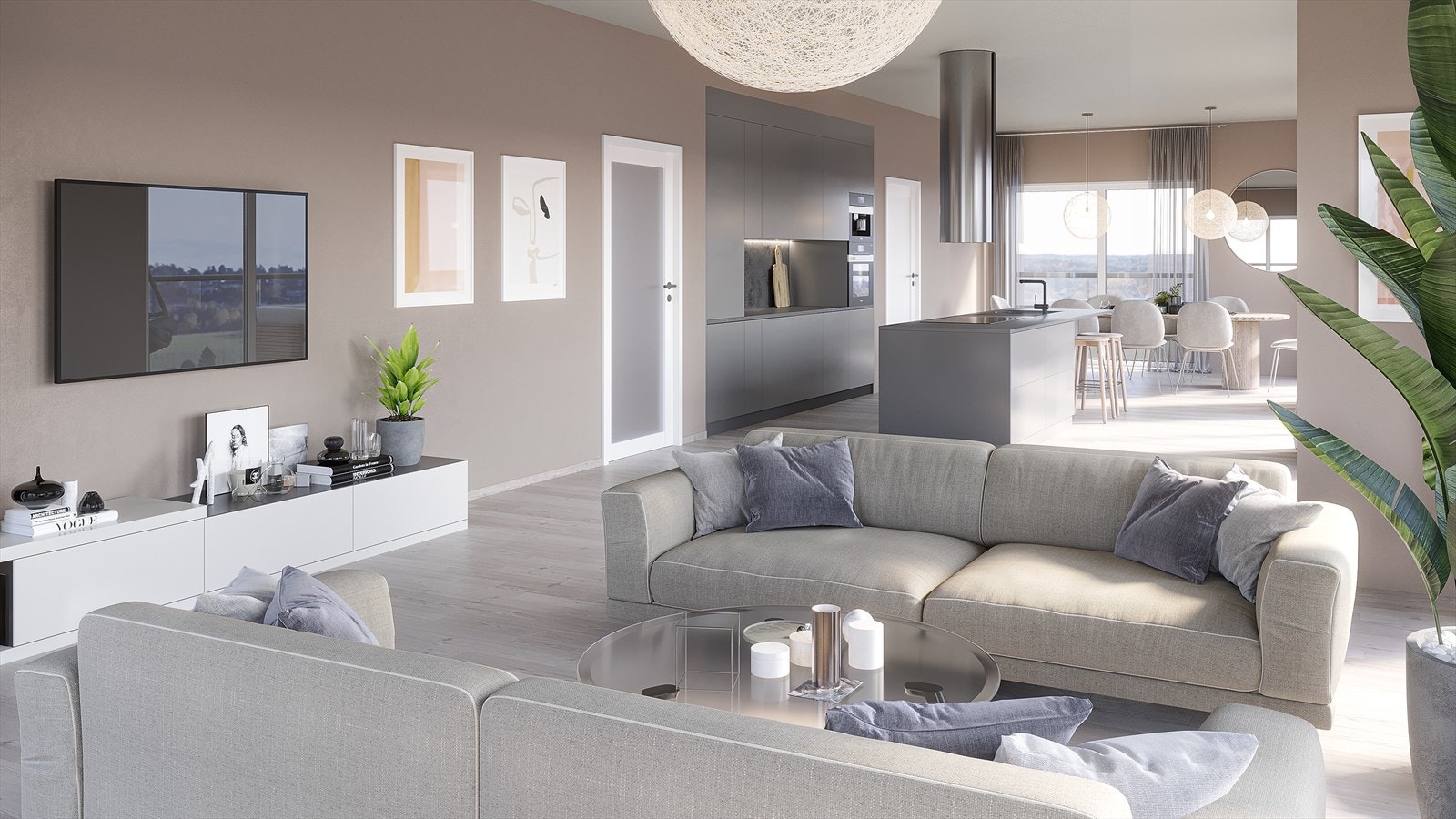 Lys og åpen stue i moderne fargevalg og store vindusflater som gir gode lysforhold. Galleribilde