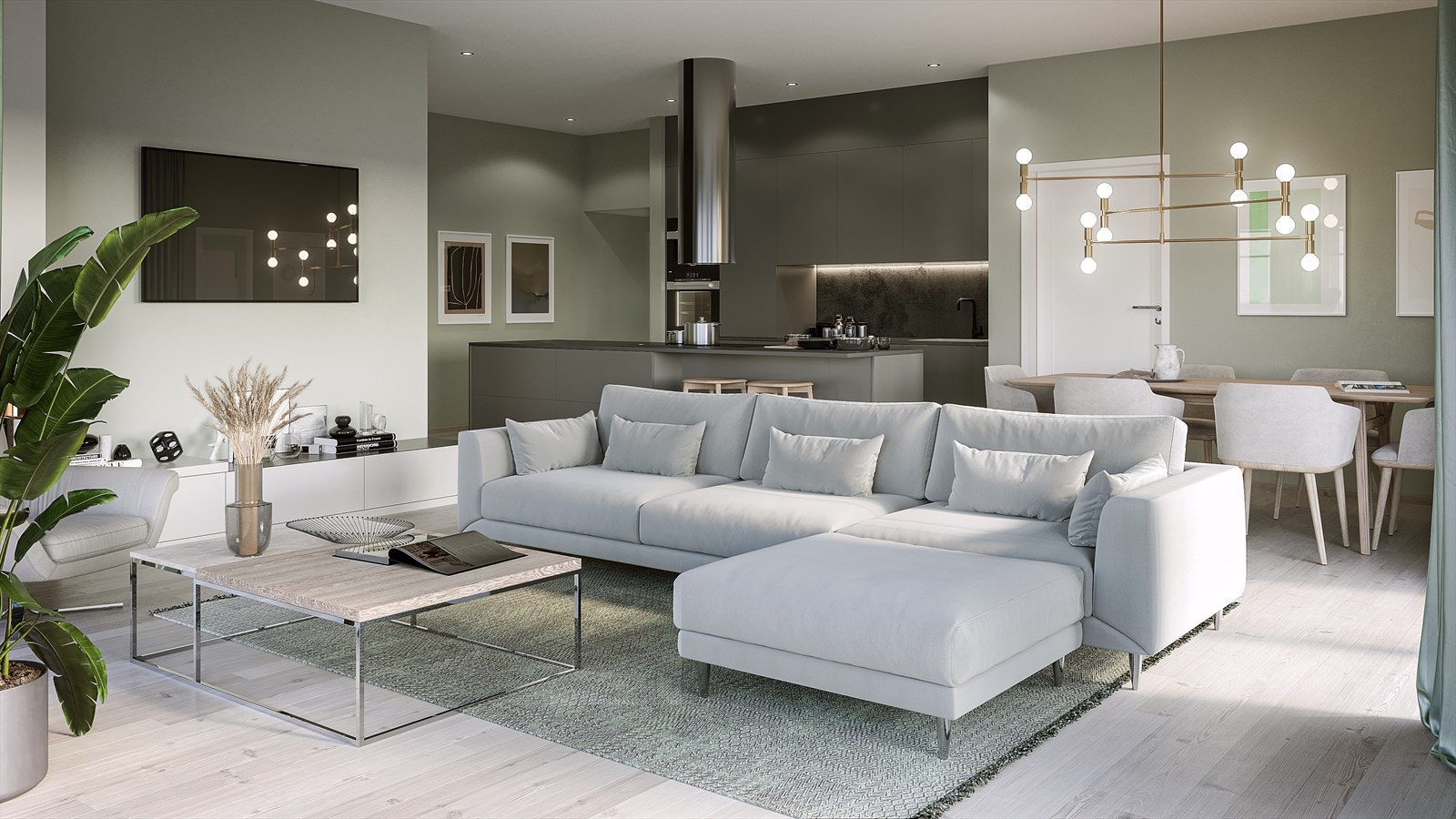 Innbydende stueavdeling i åpen løsning til kjøkken med innfelte downlights i himlingen. Galleribilde