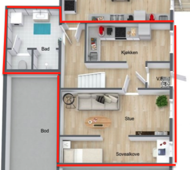 1. etg med felles entrè, kjøkken, bad/vaskerom og gangareal.
Hybel i 1. er utleid. Galleribilde