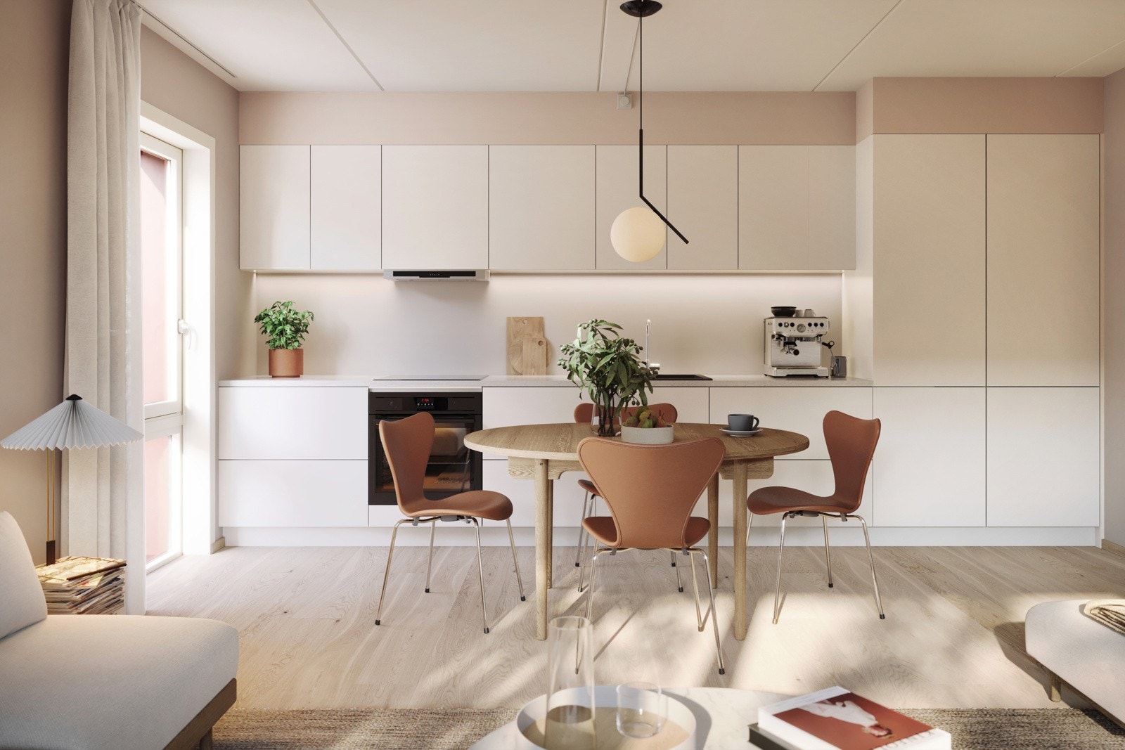 Illustrasjon fra leilighet A404. Kjøkkeninnredning fra HTH i modell Stockholm. Galleribilde
