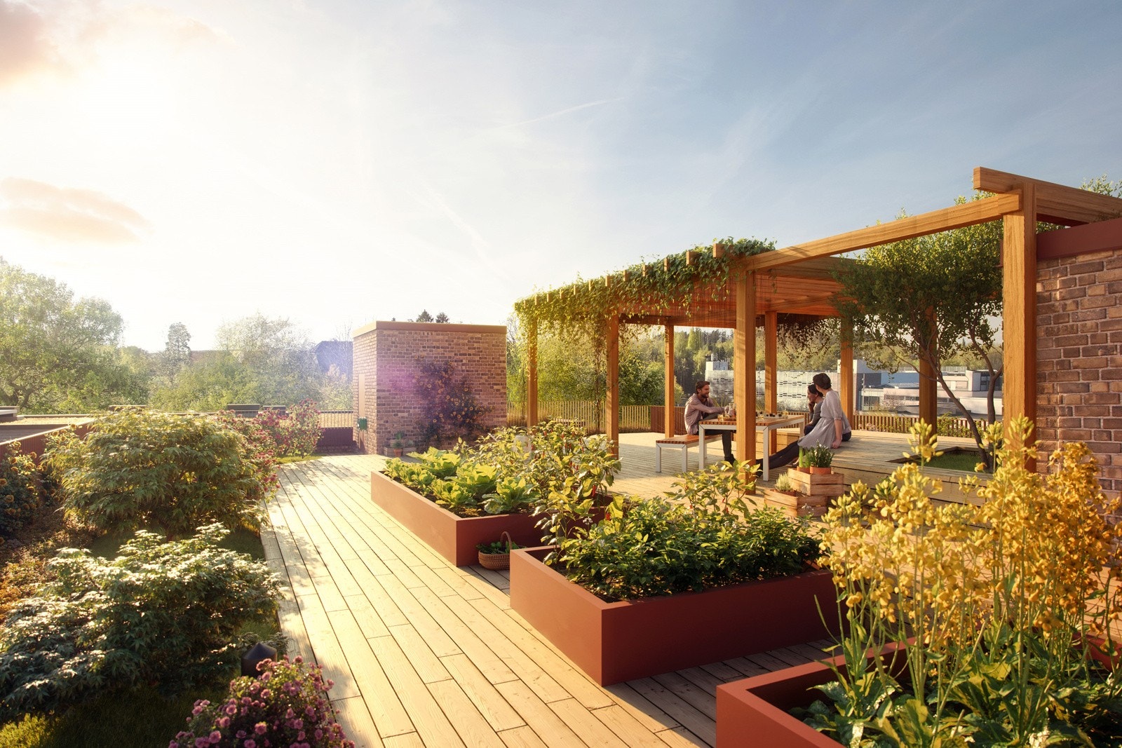 Takterrassen blir opparbeidet med flott beplantning og sittegrupper, samt mange og varierte oppholdssoner. Illustrasjon, avvik kan forekomme. Galleribilde
