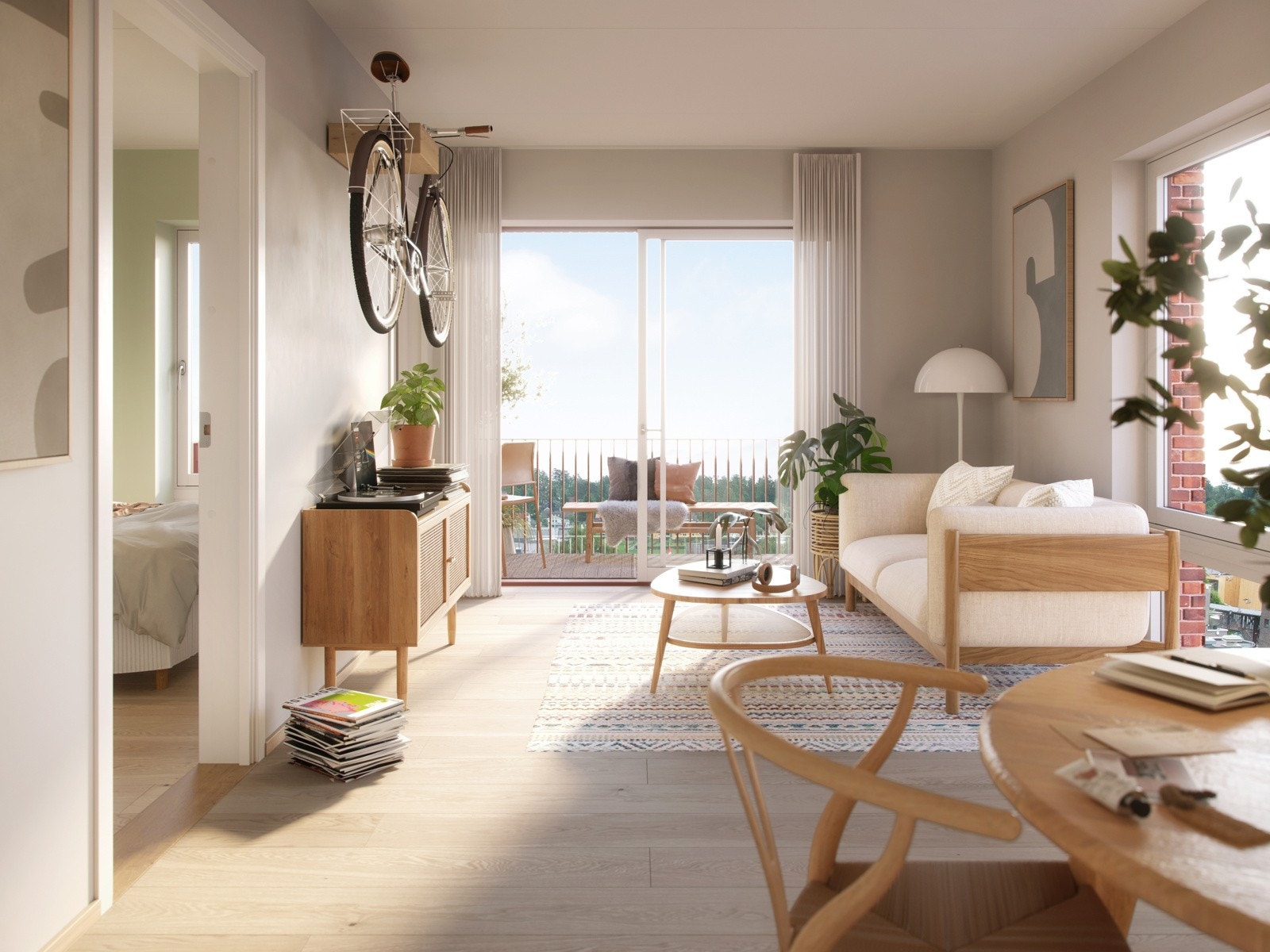 Illustrasjon fra leilighet A415. Stor skyvedør ut til balkong og enstavs eikeparkett. Galleribilde