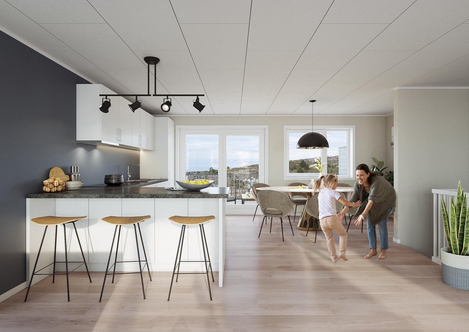 Kjøkken med integrerte hvitevarer, smarte løsninger samt god skap- og benkeplass. Halvøy med mye oppbevaringsplass og ekstra benkeplass vil glede huskokken. Galleribilde
