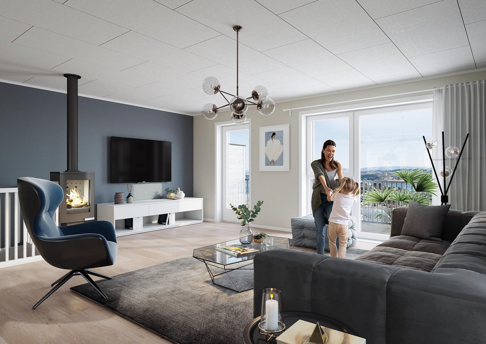 Både stuen og kjøkkenet har utgang til balkong/terrasse. Store vindusflater gir rommene et lyst og luftig preg. Stor og solrik terrasse på ca. 19 kvm. med god plass til sittegruppe, grill, m.m. Perfekt for uteselskaper! Galleribilde