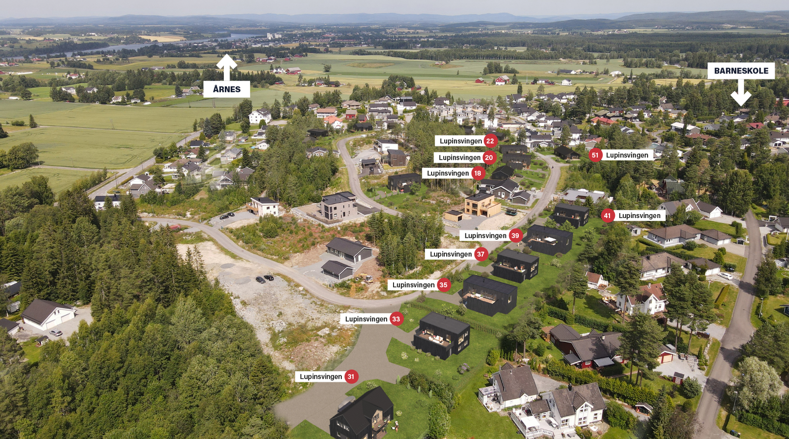 Tomter med hus i Lupinsvingen Galleribilde