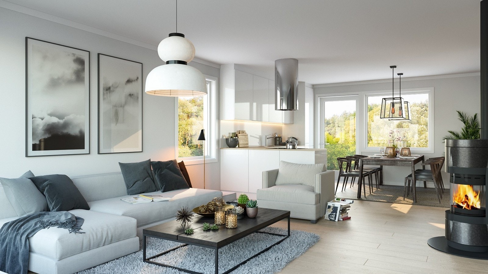 Illustrasjon Stue mot kjøkken - Illustrasjonen avviker fra virkelig miljø og omgivelser. Taket blir med innvendig skrå himling Galleribilde