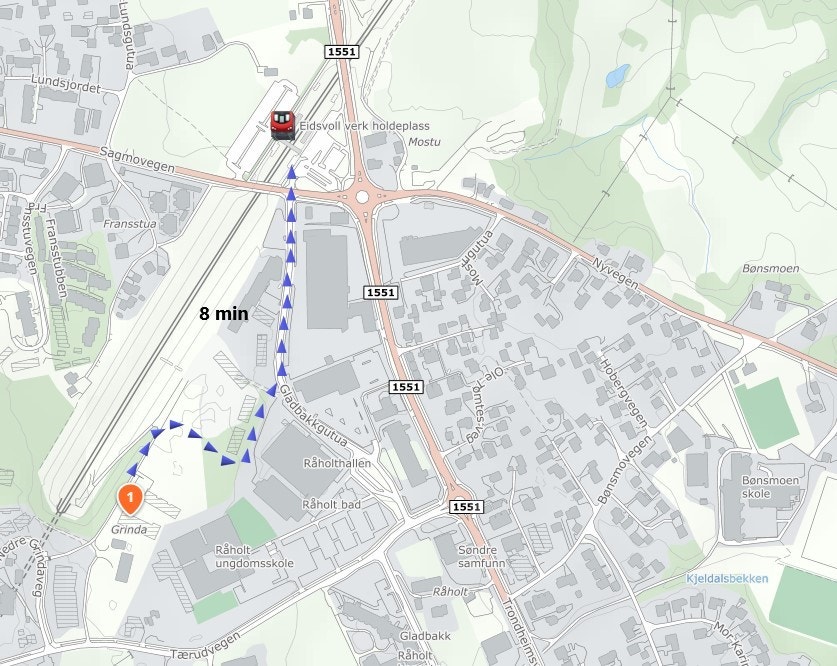 Kart som viser gangavstand fra leilighetene til togstasjonen (Eidsvoll Verk). Galleribilde