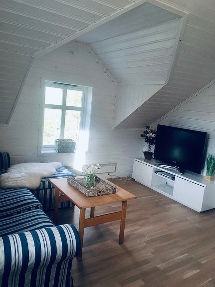 Lys og trivelig stue, sydvendt og vestvendt. Vinduer og verandadør ut til egen overbygget veranda og ut mot skogholt Galleribilde