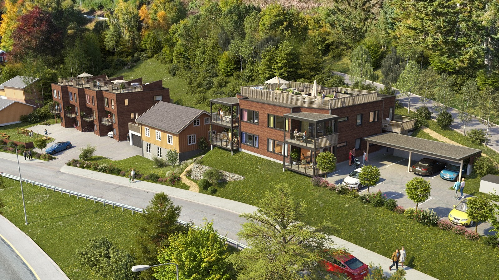 Hvert hus får i tillegg til egen balkong også privat takterrasse på plan 4 (Illustrasjon, avvik vil forekomme) Galleribilde