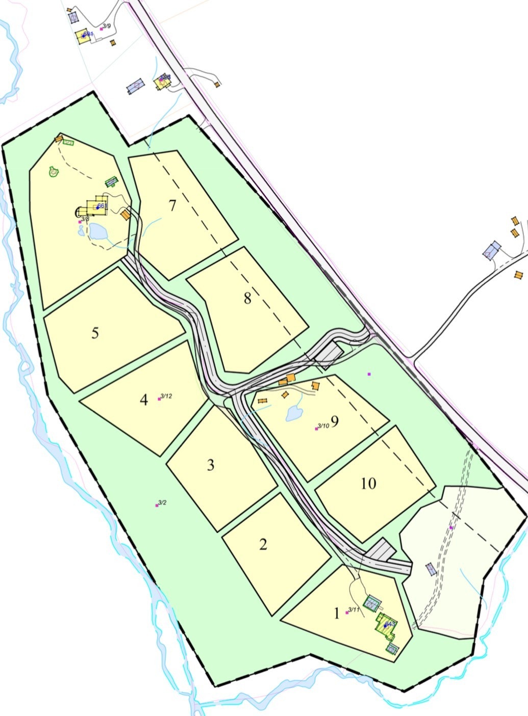 Oversikt over tomtene på Bergskog med nummerering. Galleribilde
