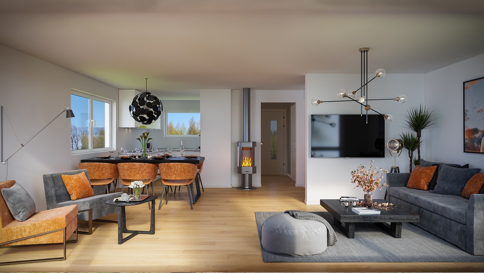 Illustrasjon av hvordan stue/kjøkken kan se ut. Galleribilde
