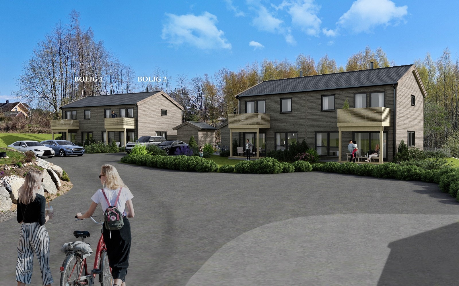 Det er tomannsboligen til venstre som skal selges og bygges først. Altså bolig nr 1 og 2. Galleribilde