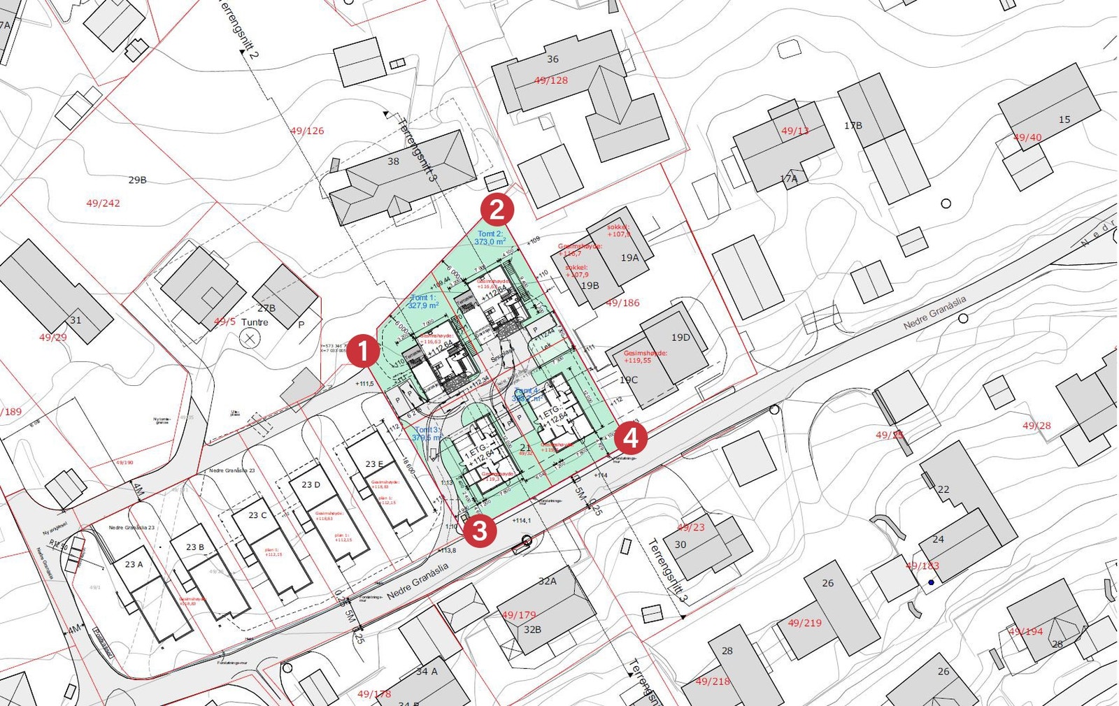 Situasjonsplan som viser plassering av de fire boligene i det tredje byggetrinnet. Galleribilde