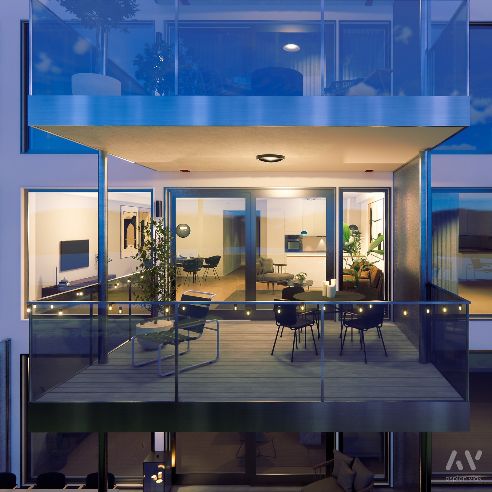 Overbygde verandaer i alle etasjer. I 1. etg. er en liten del av verandaen ikke overbygd Galleribilde