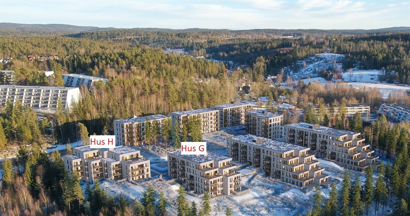 Langhus 1405 består av 8 hus med tilsammen 246 leiligheter. Hus G og H er markert. Galleribilde