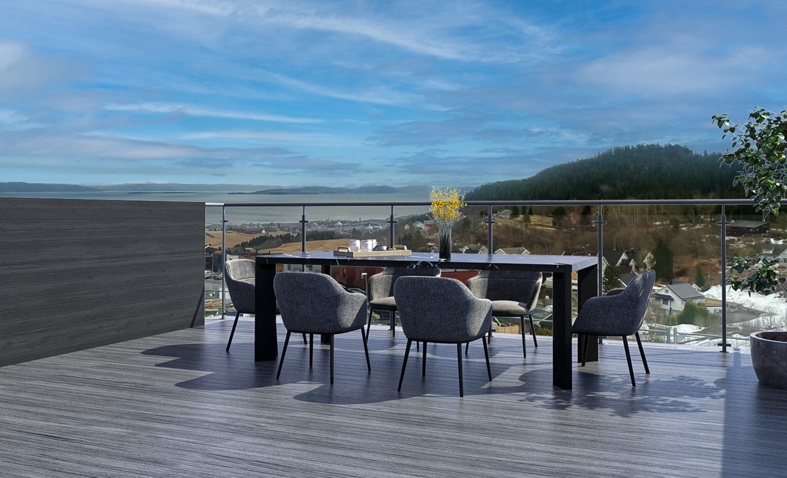 Privat takterrasse, med gode sol- og utsiktsforhold. (Illustrasjonsbilde med fotomontasje, avvik vil forekomme) Galleribilde