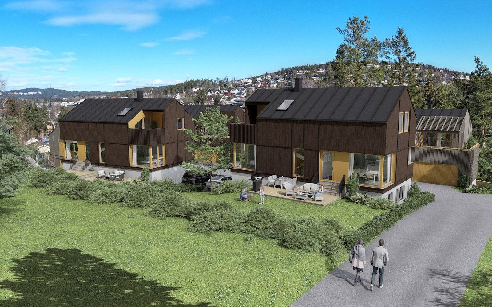 De grønne utearealene opparbeides rundt hele eiendommen iht. vedlagt utomhusplan. Galleribilde