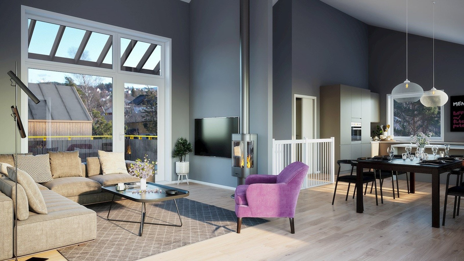 Den åpne kjøkkenløsning forener kjøkken og stue, samtidig som det gir en luftigere, lysere og større romfølelse. Kunstnerisk illustrasjon, avvik kan forekomme. Galleribilde