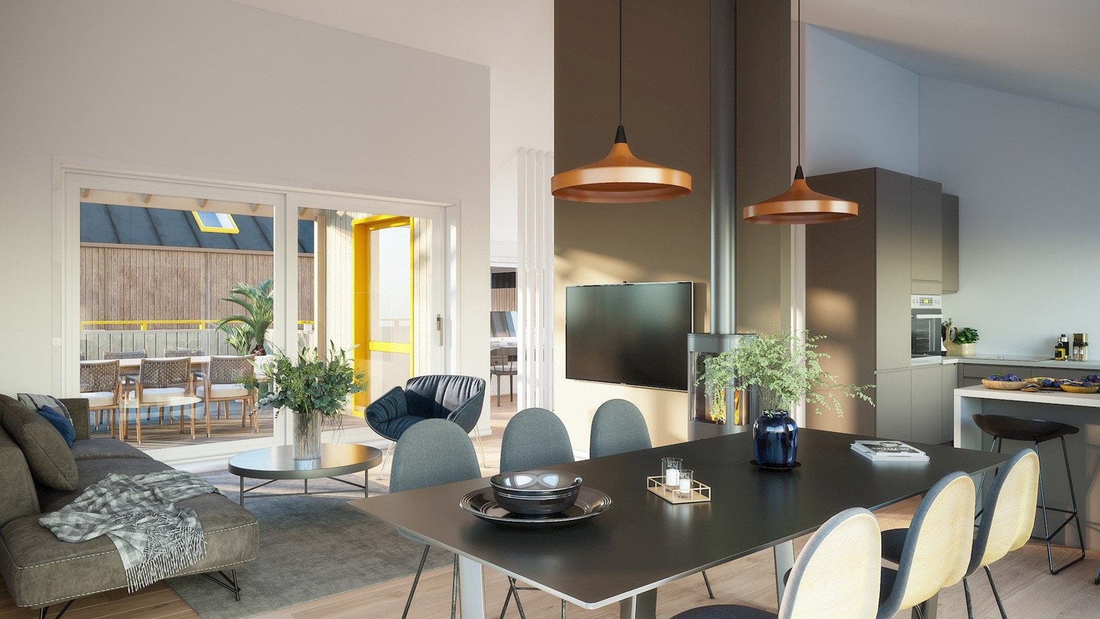 Boligene blir levert med en åpen stue- kjøkkenløsning med naturlige soner. Kunstnerisk illustrasjon, avvik kan forekomme. Galleribilde