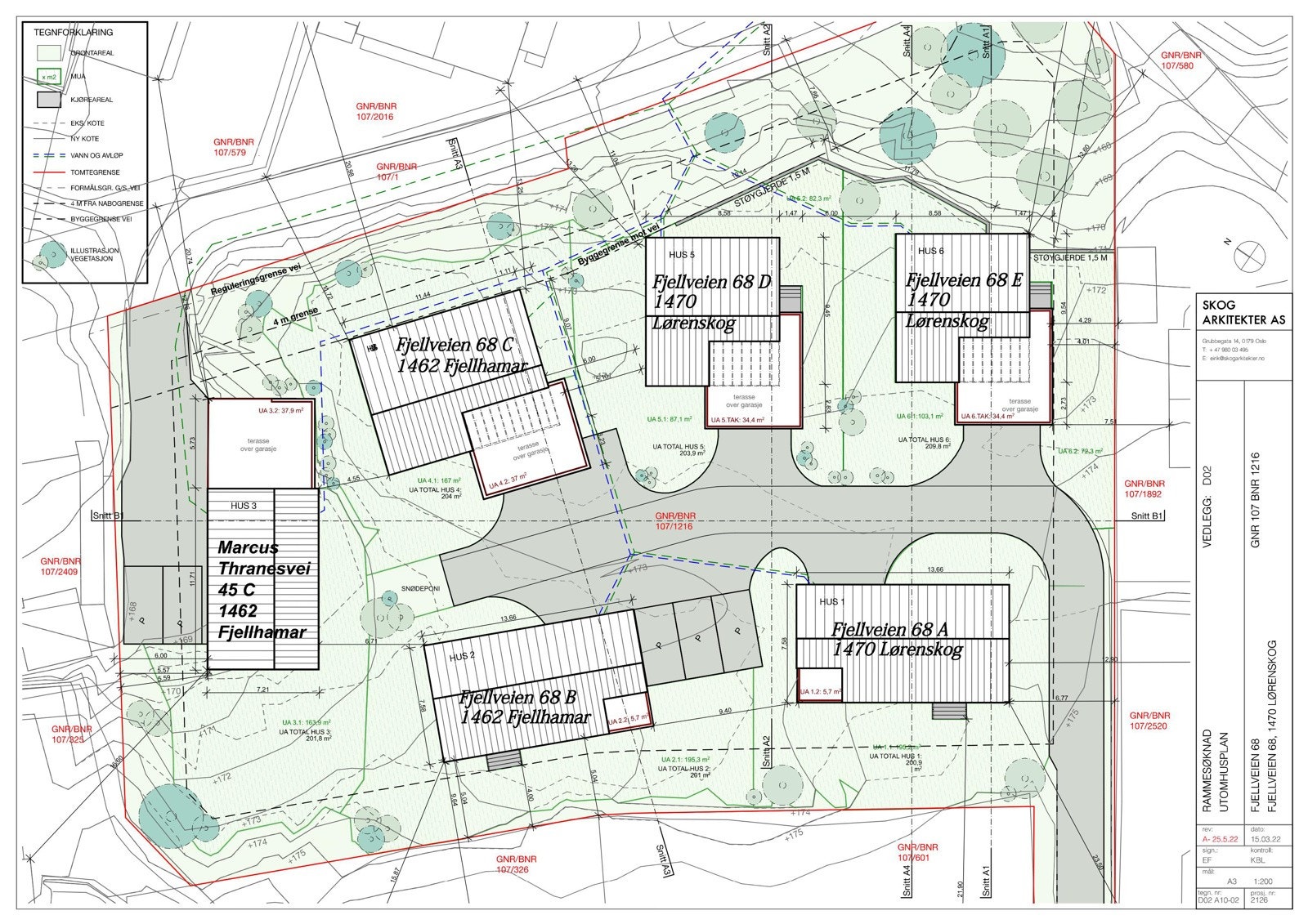 Utomhusplan med estimering av tomteområde til hver bolig. Arealene er ikke endelige og kan avvike. Galleribilde
