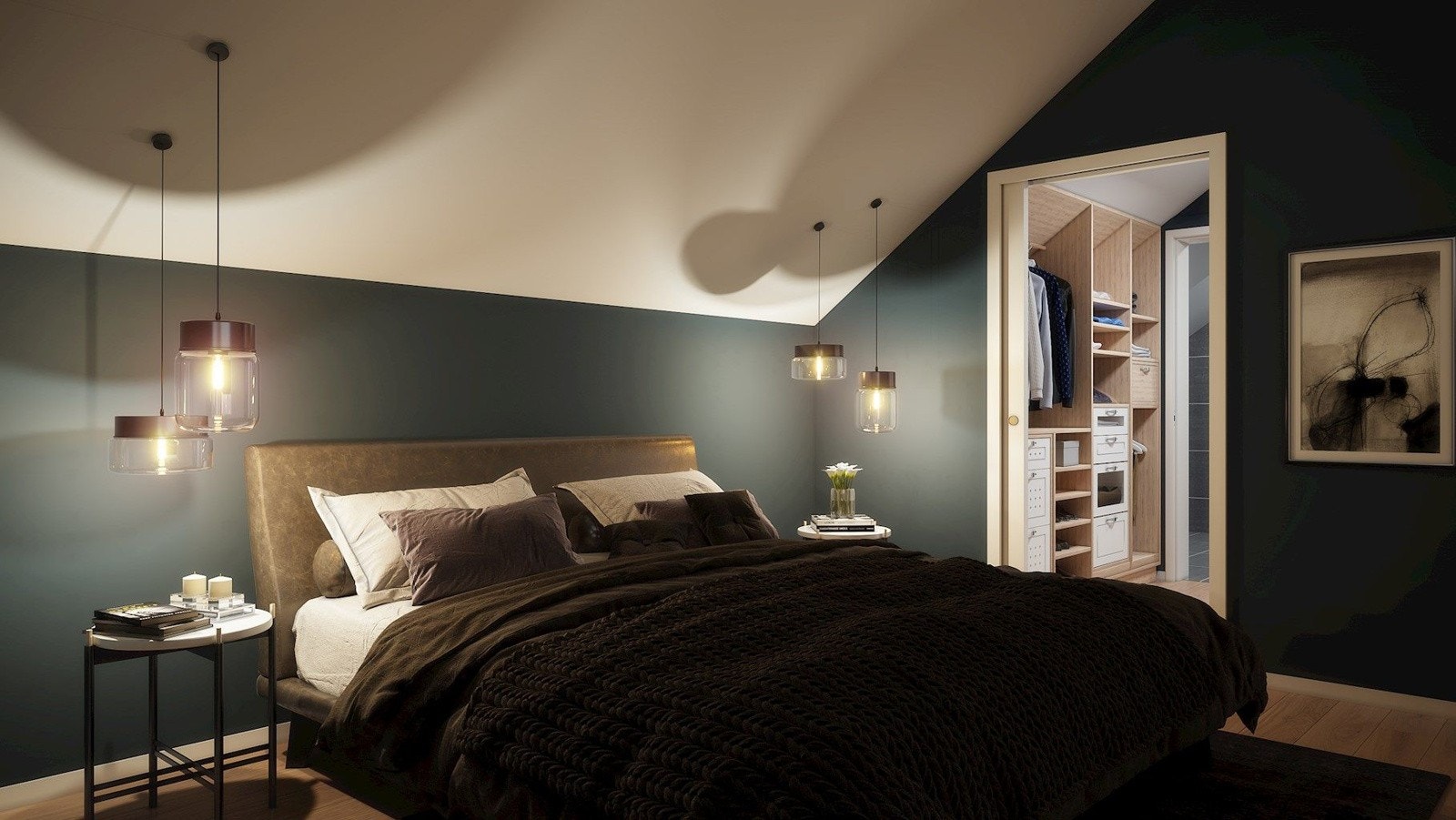 Boligene leveres med masterbedroom med egen garderobe og tilgang til bad. Kunstnerisk illustrasjon, avvik kan forekomme. Galleribilde