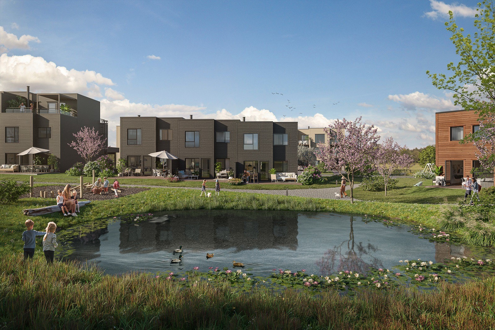 Boligene får en fin beliggenhet til felles grønstområde - her vises hus 76-78 Galleribilde