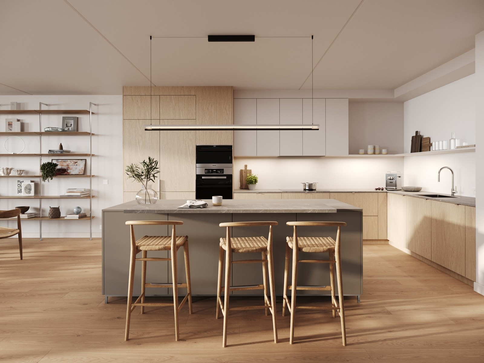 Naturlige materialer i en lys fargepalett som gir en eksklusiv helhet, samtidig som den nordiske stilen og rene linjer holder det subtilt. Galleribilde