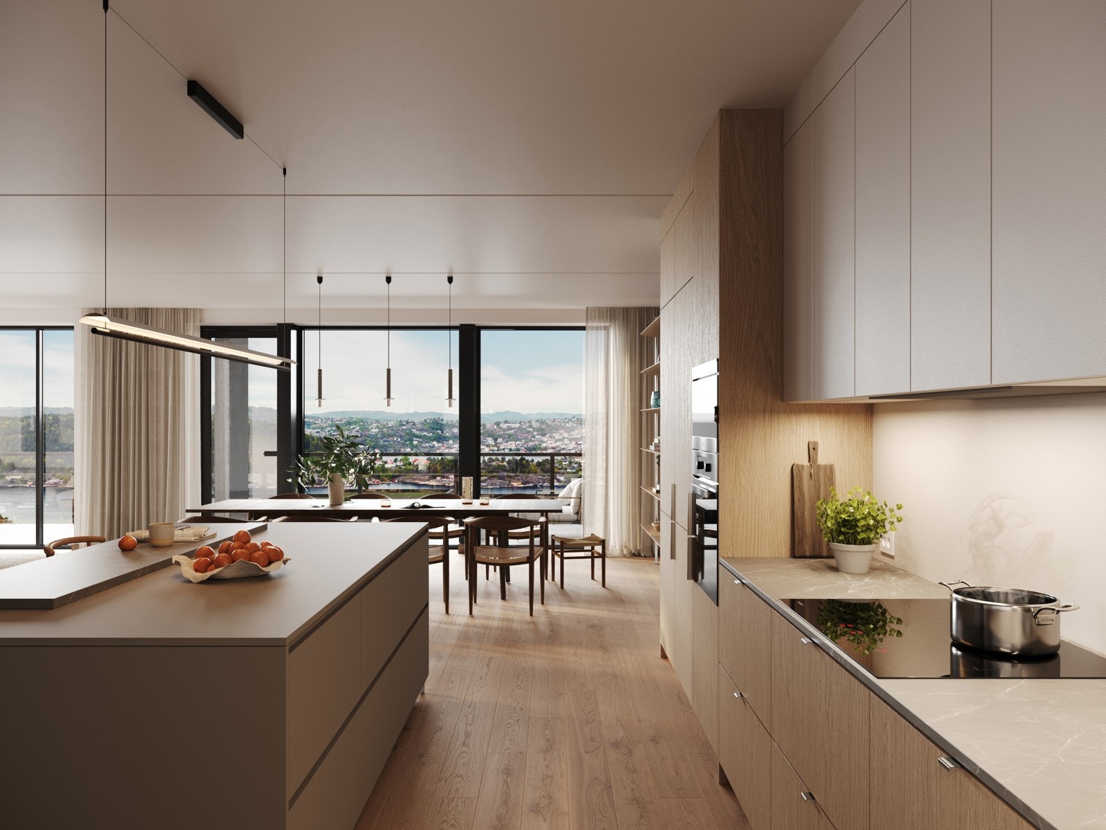 Kjøkken leveres komplett med integrerte hvitevarer i hvitpigmentert ask som standard, type «Notes» fra Svanekjøkken, el. tilsv. Kjøleskap leveres som integrert kombiskap. Galleribilde