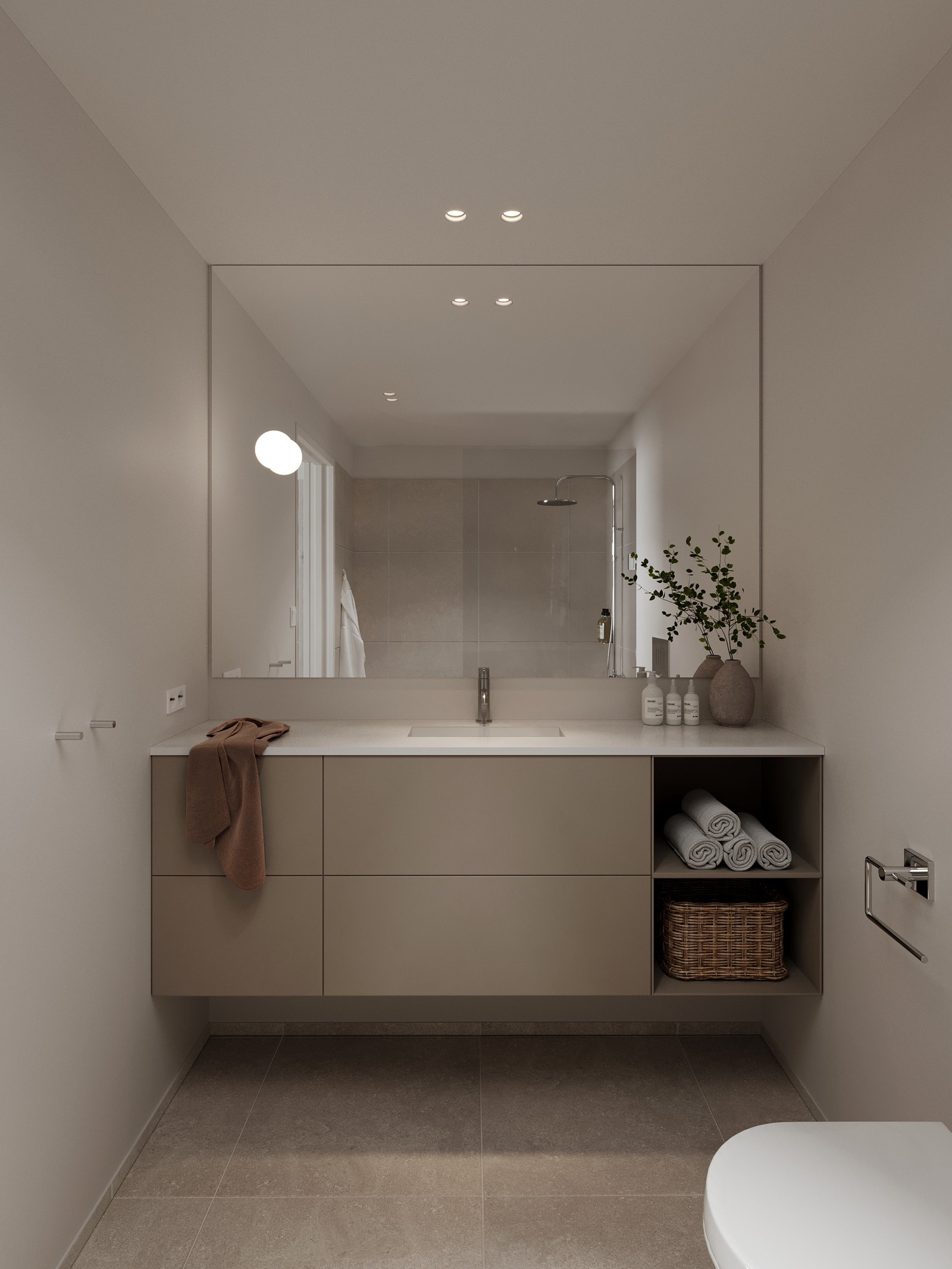 På bad leveres flis i format 60x60 cm fra serien Bera Beren, eller tilsvarende. Fug i matchende farge. Dusjsone leveres nedsenket, med rennesluk langs vegg. Galleribilde