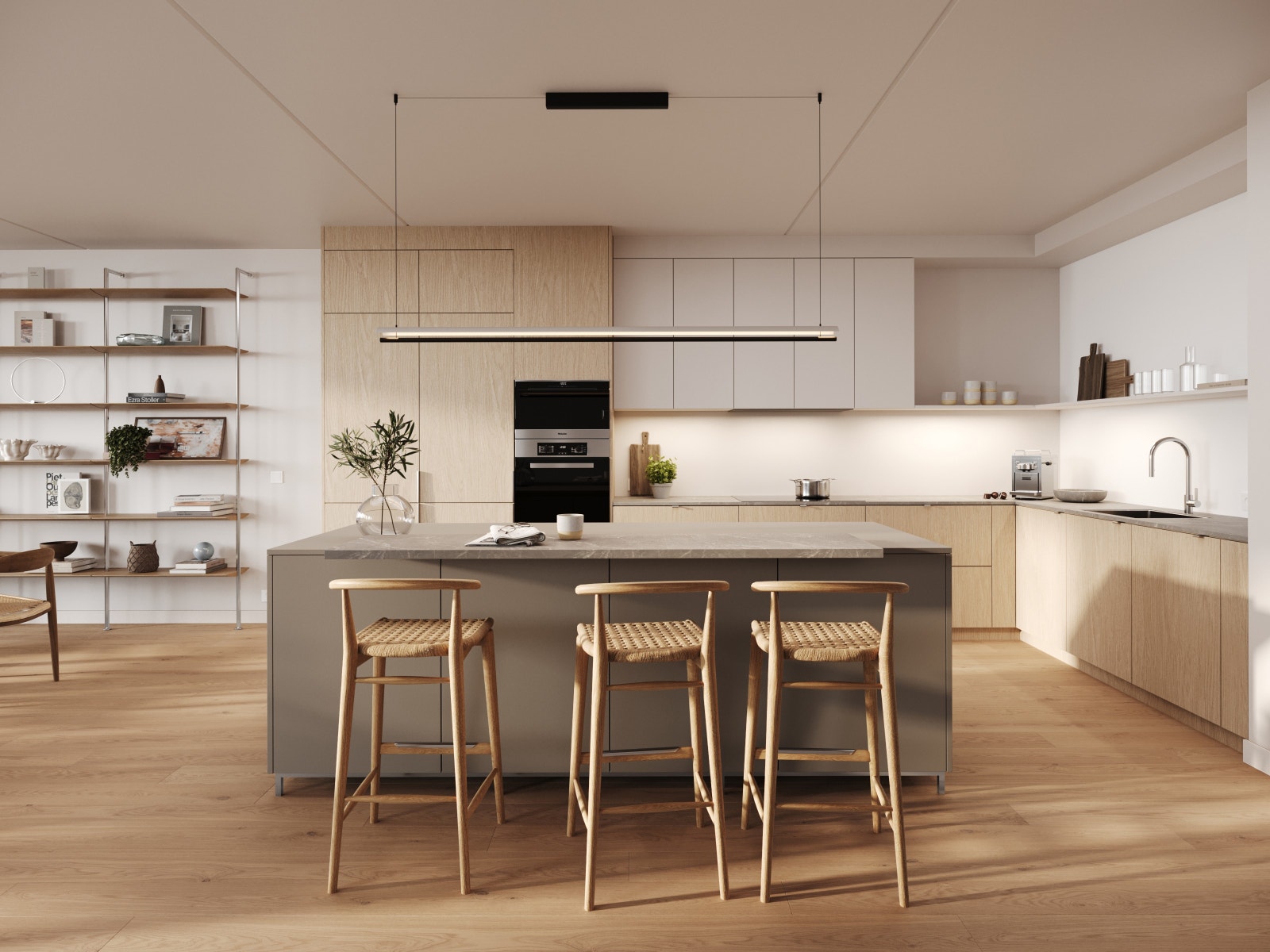 Naturlige materialer i en lys fargepalett som gir en eksklusiv helhet, samtidig som den nordiske stilen og rene linjer holder det subtilt. Galleribilde