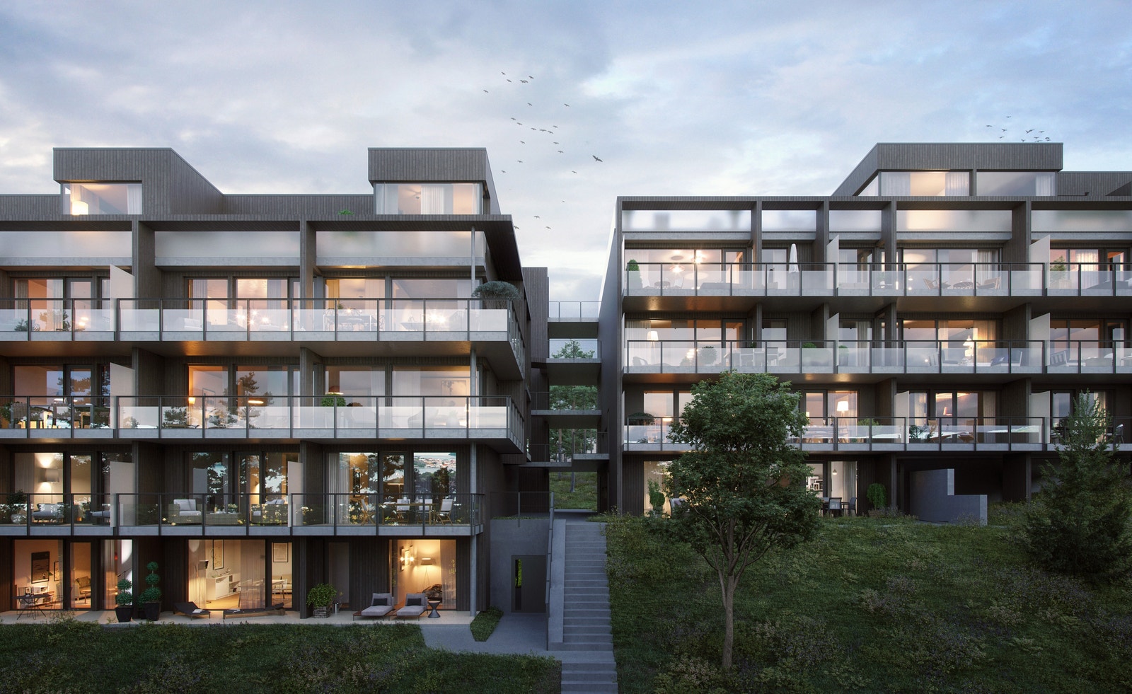 Alle leilighetene får solrike uteplasser. Galleribilde