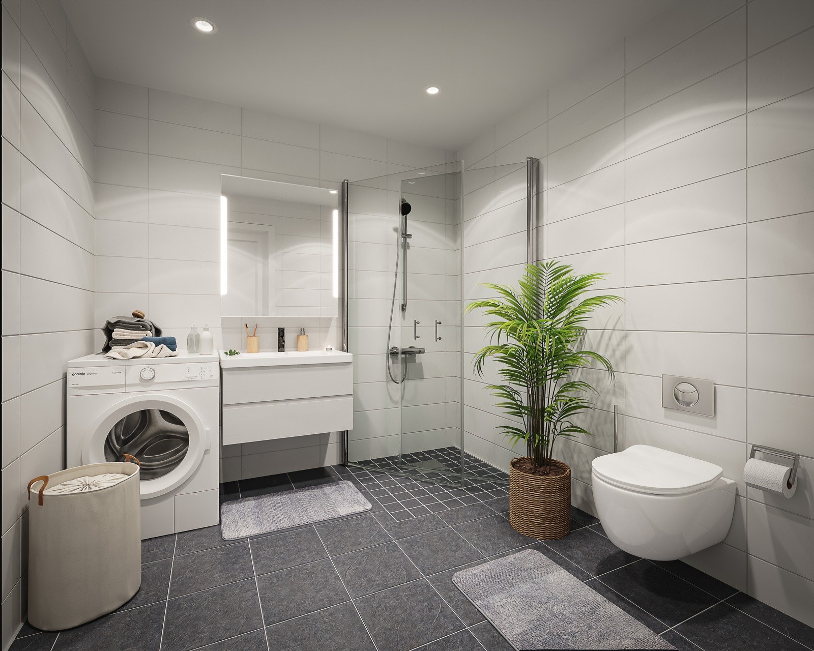 Badene har plass til både vaskemaskin og tørketrommel Galleribilde