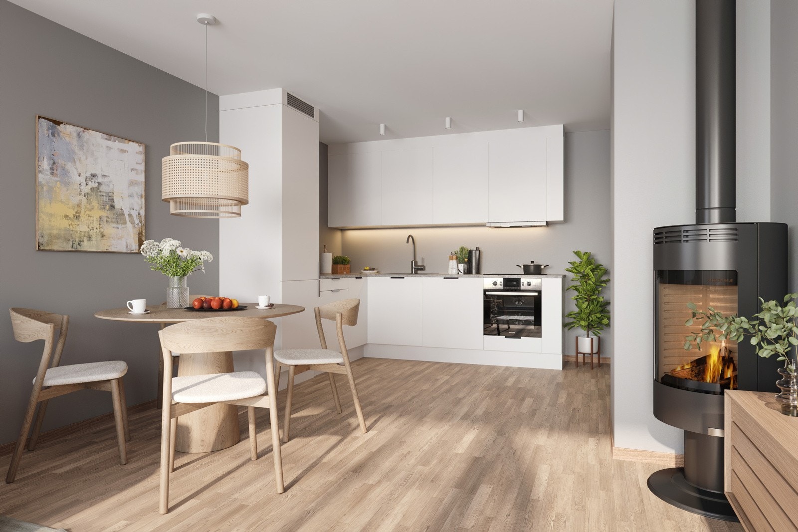 Det leveres peisovn som vist på bildet i alle leilighetene med unntak av 2-roms leilighetene Galleribilde