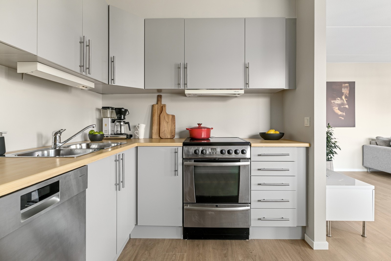 Opplegg for komfyr, oppvaskmaskin og kjøl//frys. Integrert avtrekksvifte i overskap. Galleribilde