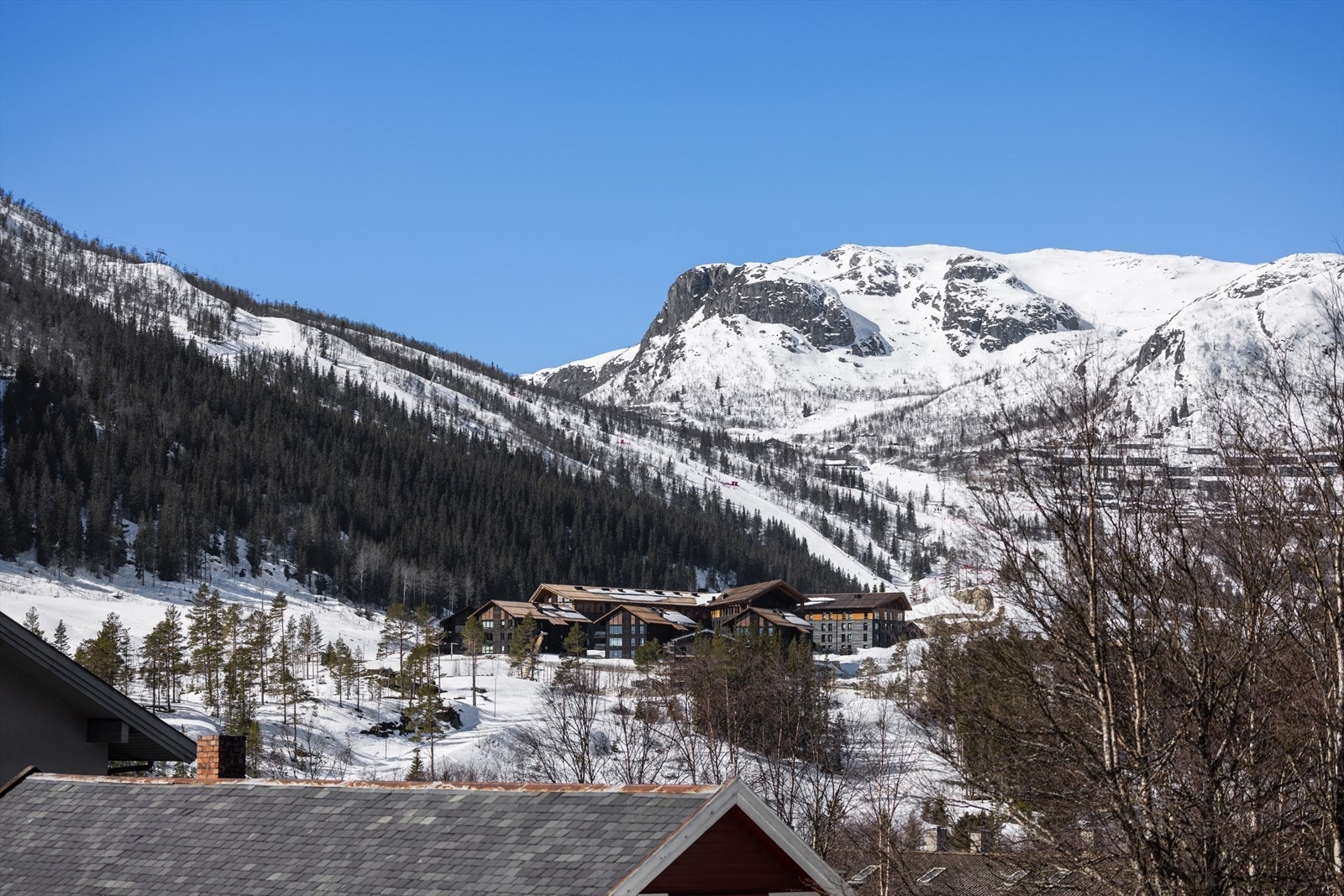 Utsikt mot Hemsedal skisenter fra balkong. Galleribilde
