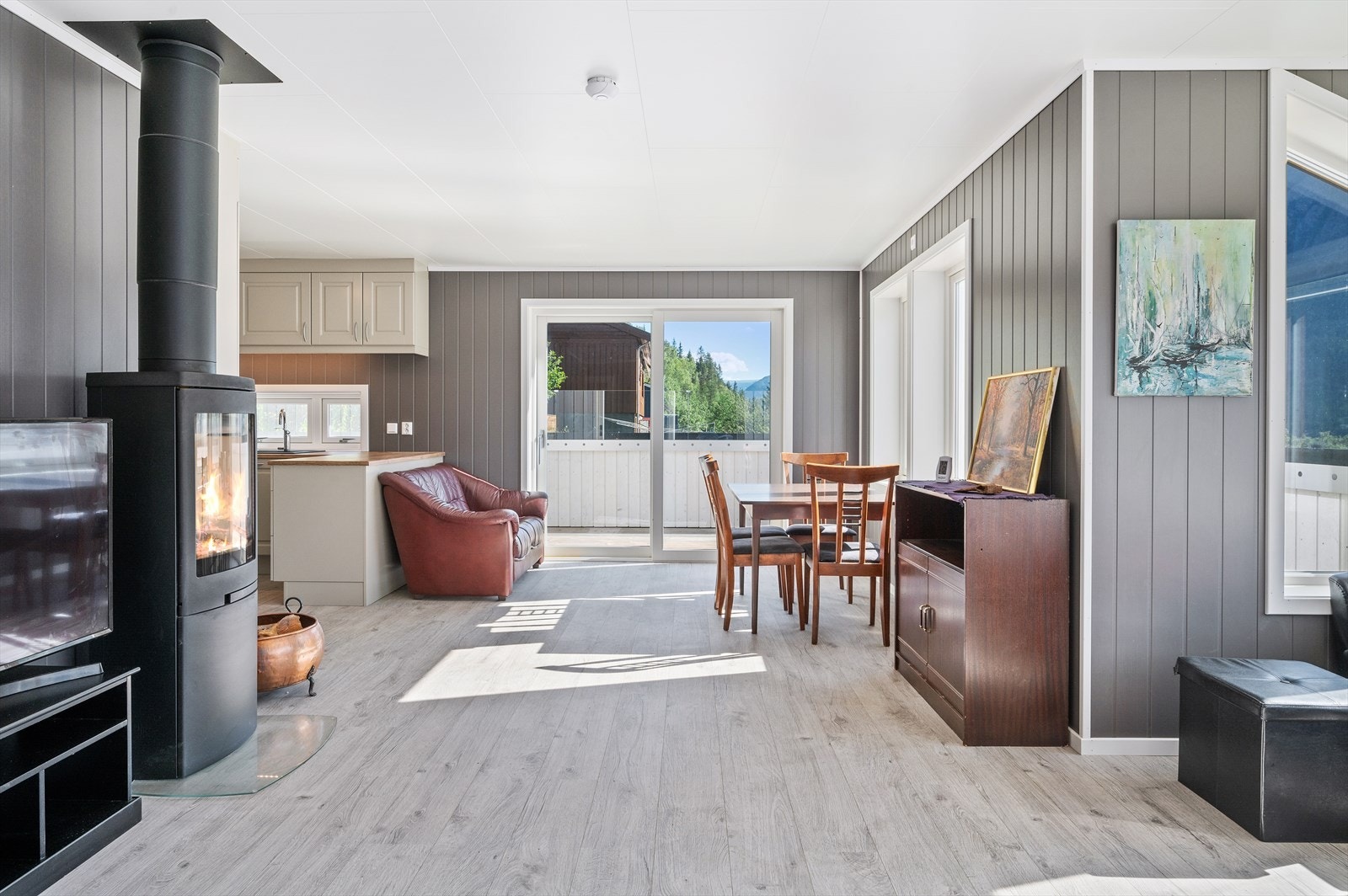 Vedovn med synlig stålpipe i stuen. Galleribilde