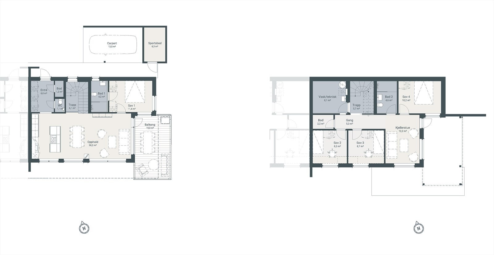 Bolig R36 går over 2 plan og har bl.a. 2 stuer og 4 soverom. Galleribilde