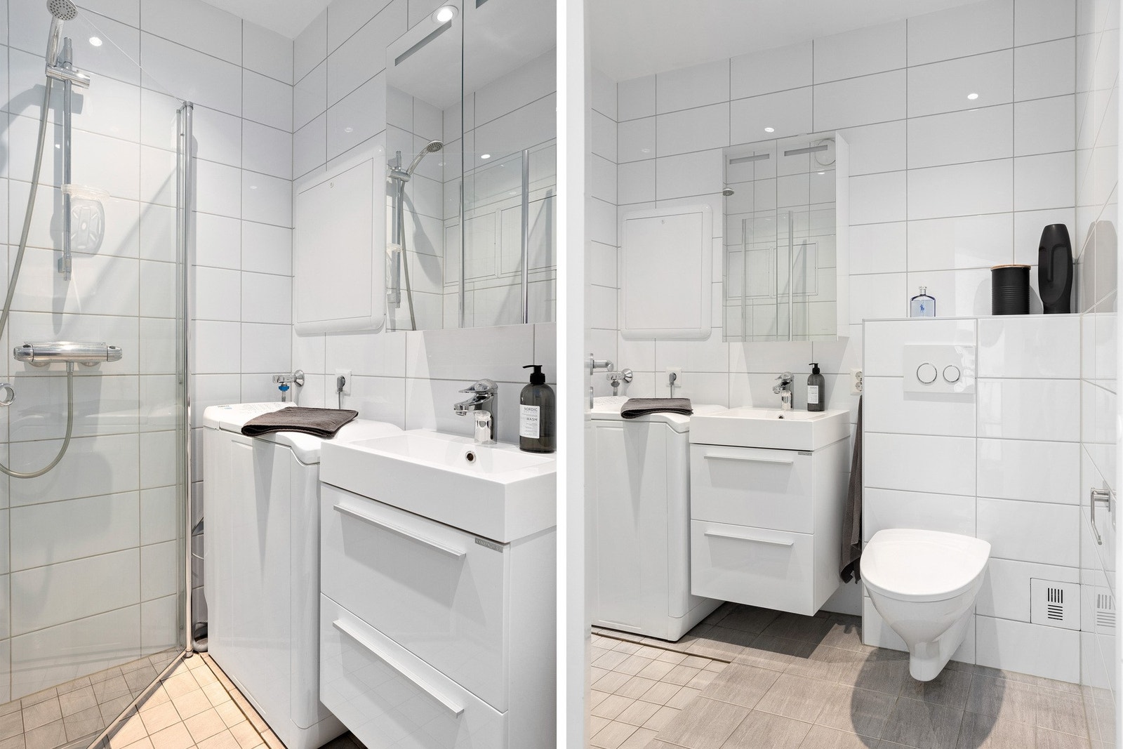 Pent flislagt bad renovert i 2016. Badet er utstyrt med blant annet gulvvarme, dusjhjørne, servant, vegghengt toalett og opplegg for vaskemaskin. Galleribilde