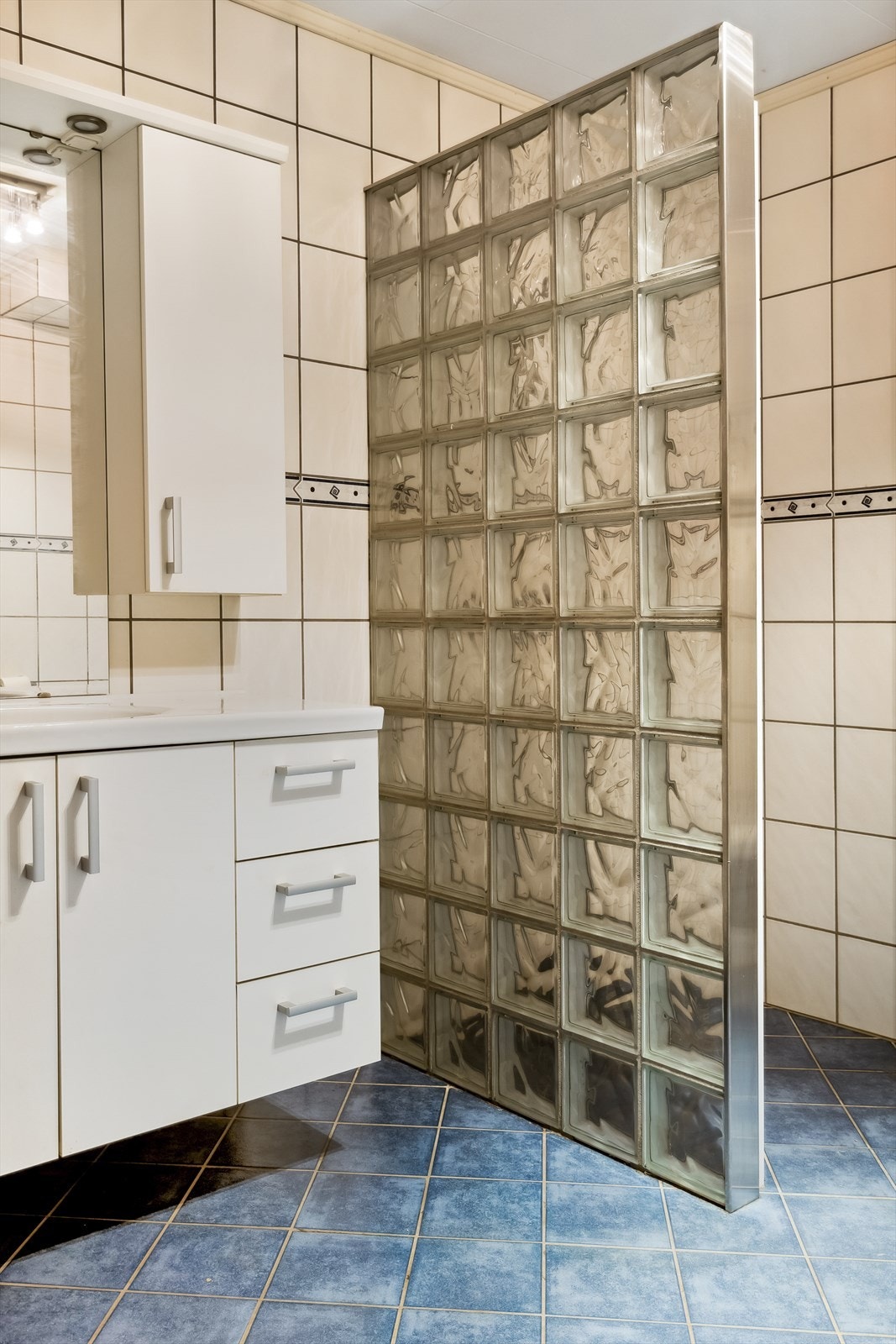 Badet er innredet med dusjnisje av glassbyggerstein med dør av glass, innebygget toalett og baderomsinnredning med heldekkende servant. Galleribilde