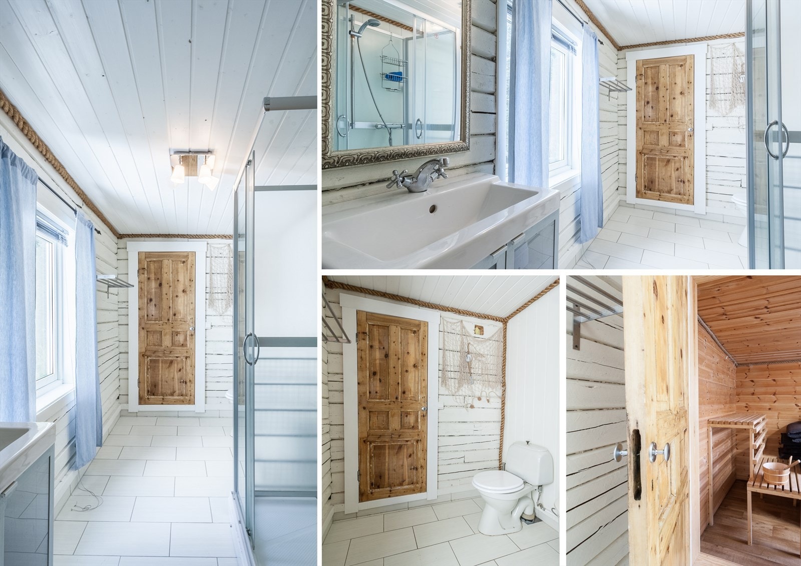 Rommet er utstyrt med dusjkabinett, toalett, og servant på skapinnredning samt opplegg for vaskemaskin med vann, avløp og strøm. Galleribilde