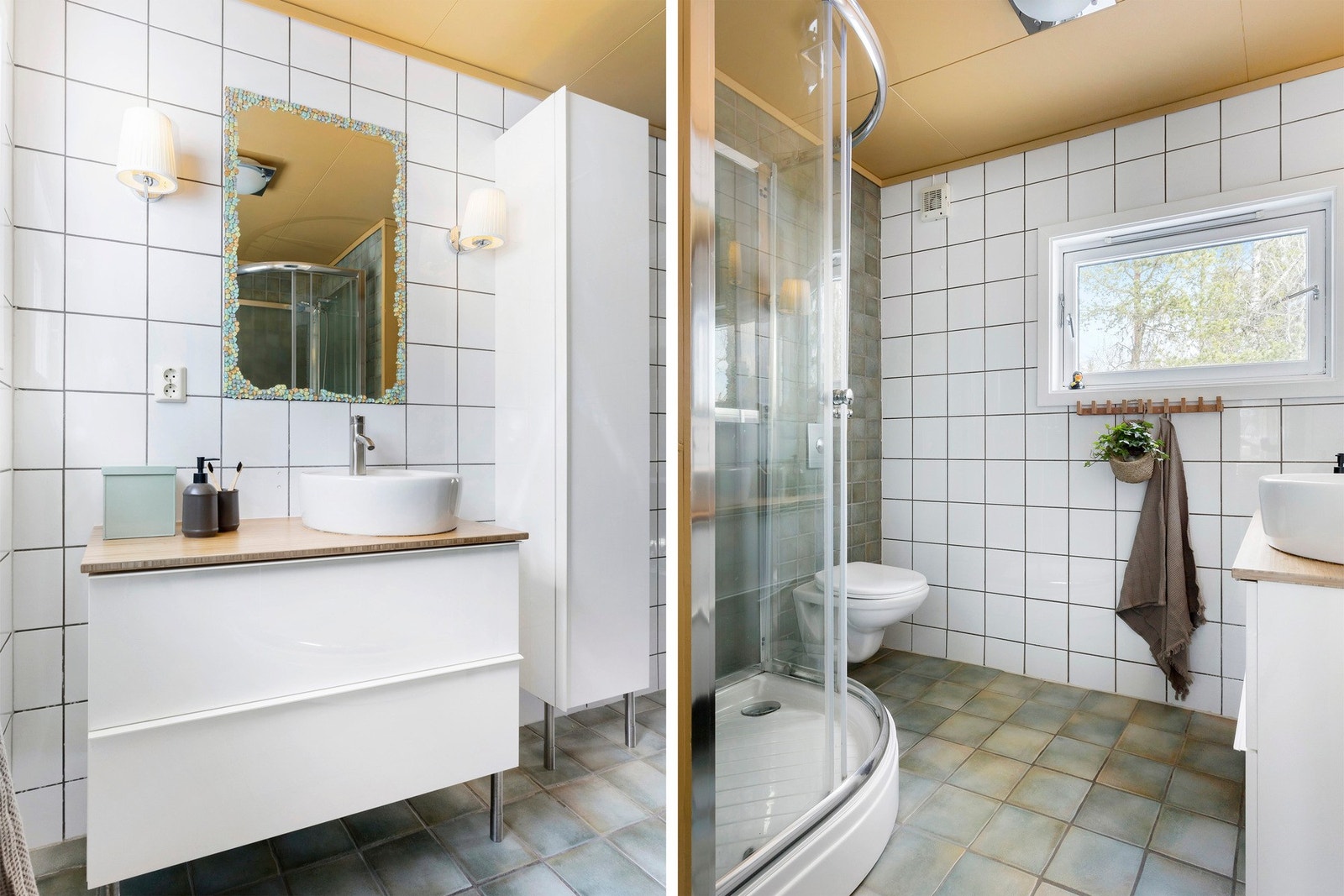 Dusjkabinett, vegghengt toalett, baderomsinnredning med skapplass og opplegg for vaskemaskin. Galleribilde