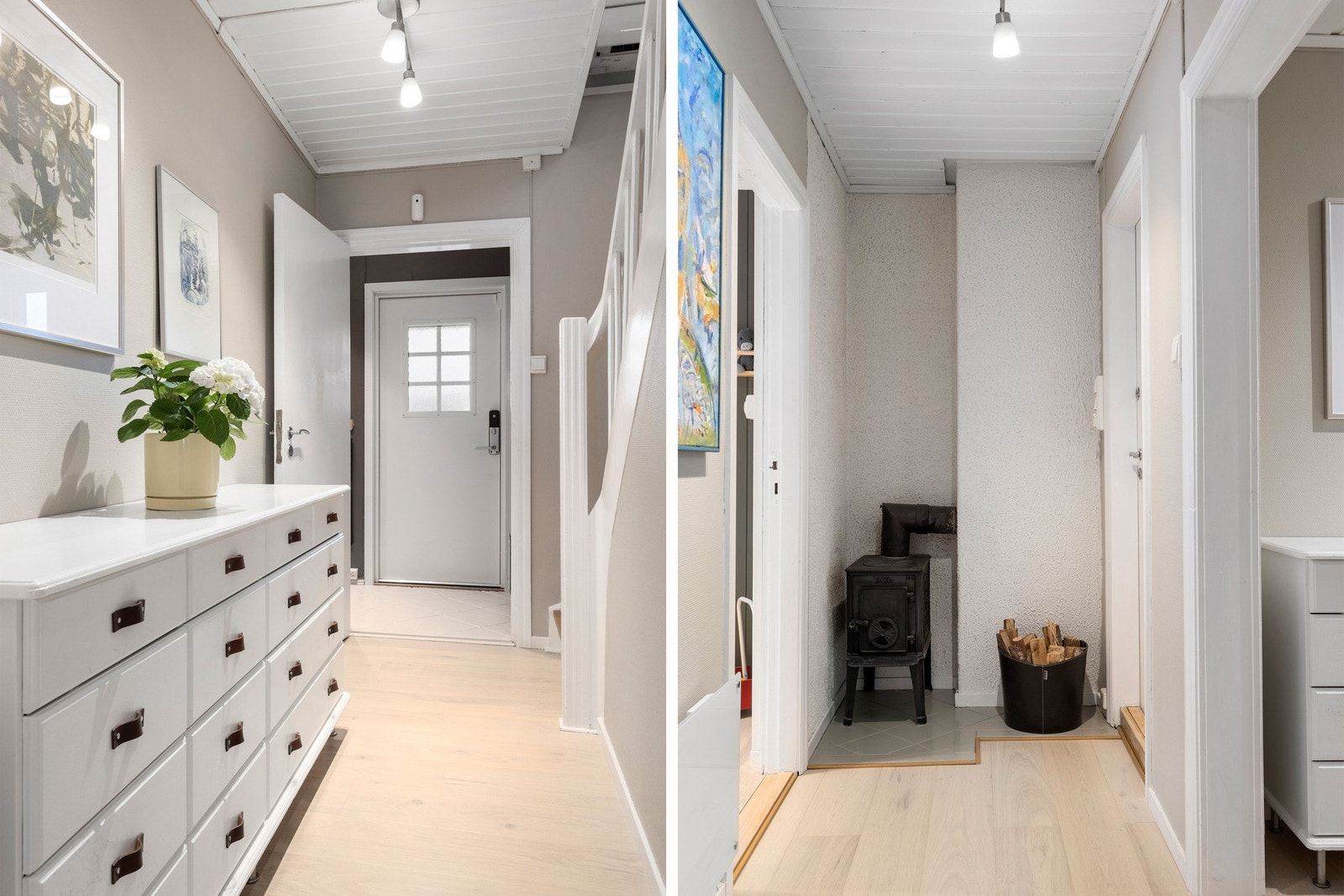 Moderne og innbydende hall med vedovn Galleribilde