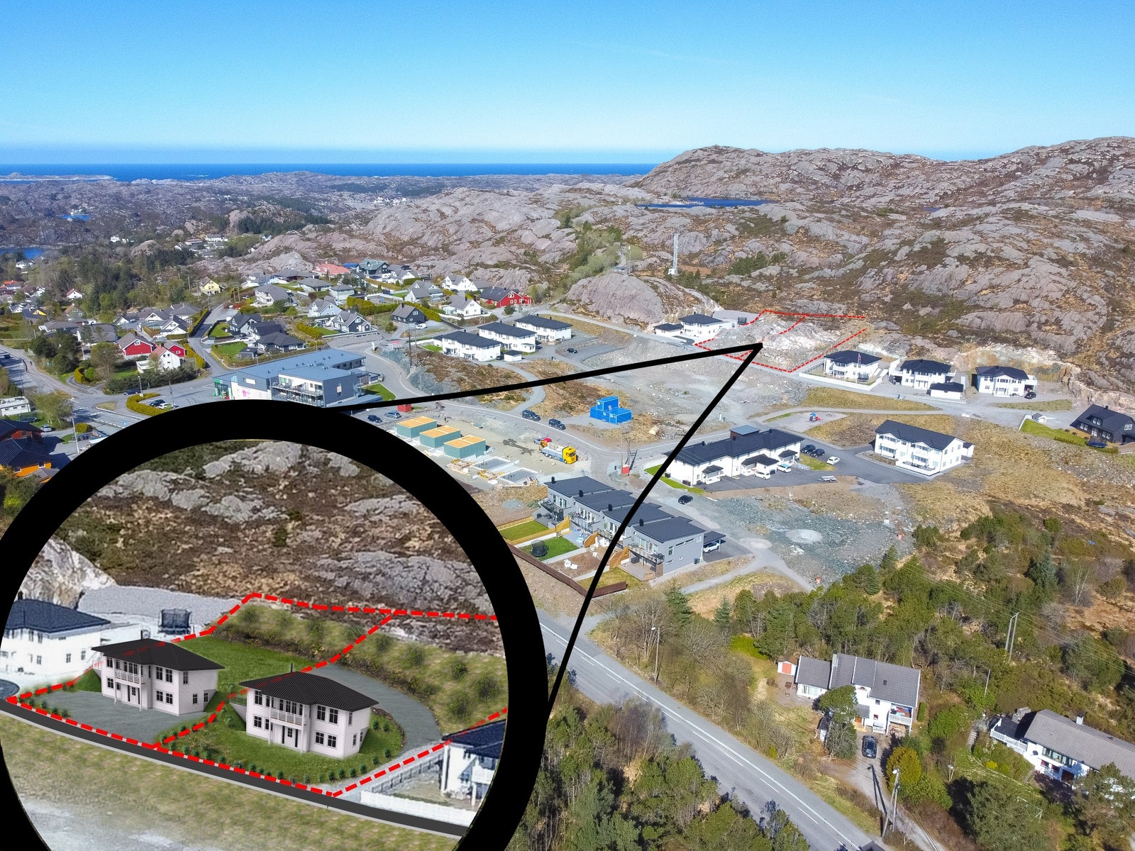 Illustrasjon av to prosjekterte boliger på tomt 2 og 3, sett mot nord-vest. Det foreligger igangsettelsestillatelse for bolig på tomt 2. Galleribilde