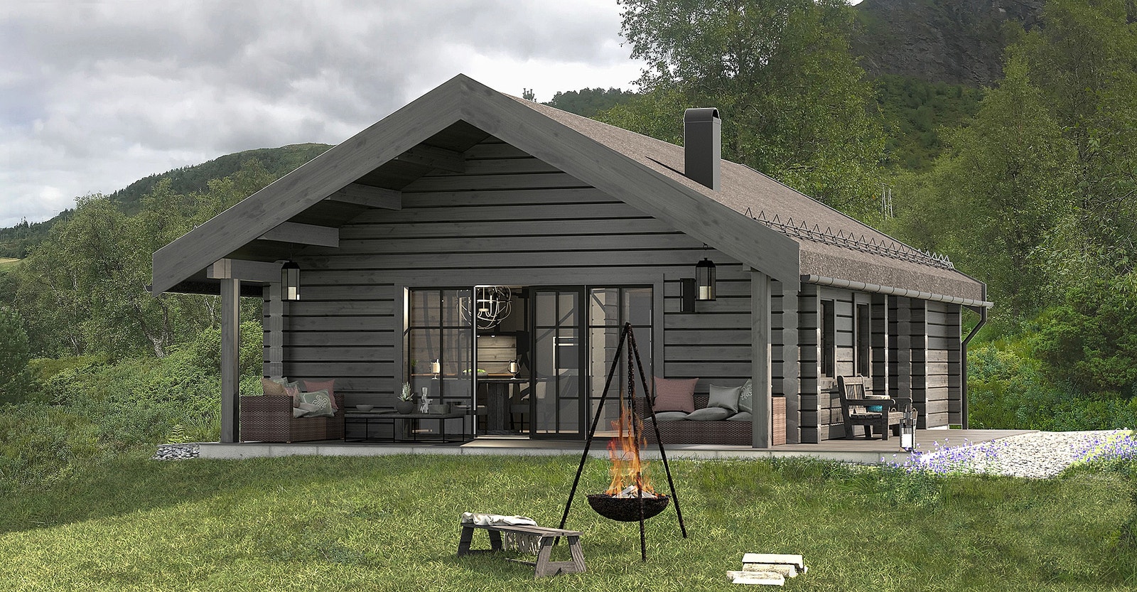 Hyggebu med overbygg i hyttefront og ved inngangsparti Galleribilde